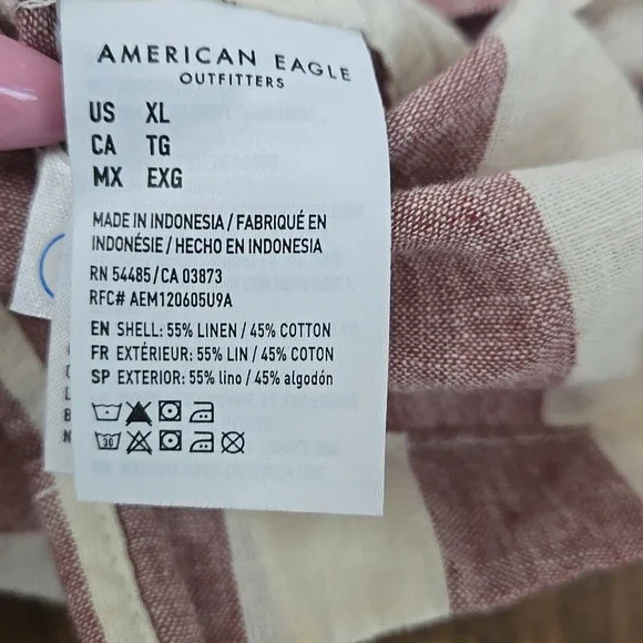 American Eagle Cream Maroon Stripped Linen Button Up Poolside Shirt - Picture 5 of 6